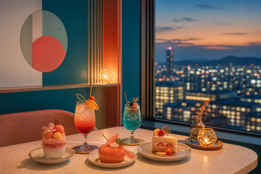 カラフルなスイーツと小倉の夜景を楽しむ旅のイメージ